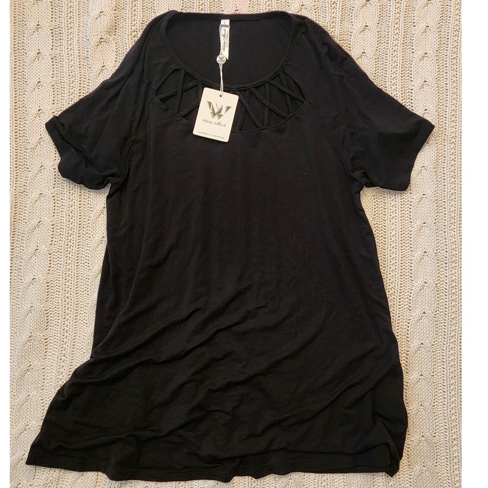 White Mark NWT Black Lattice Cage Neck Cutout Short Sleeve Top T-Shirt Large